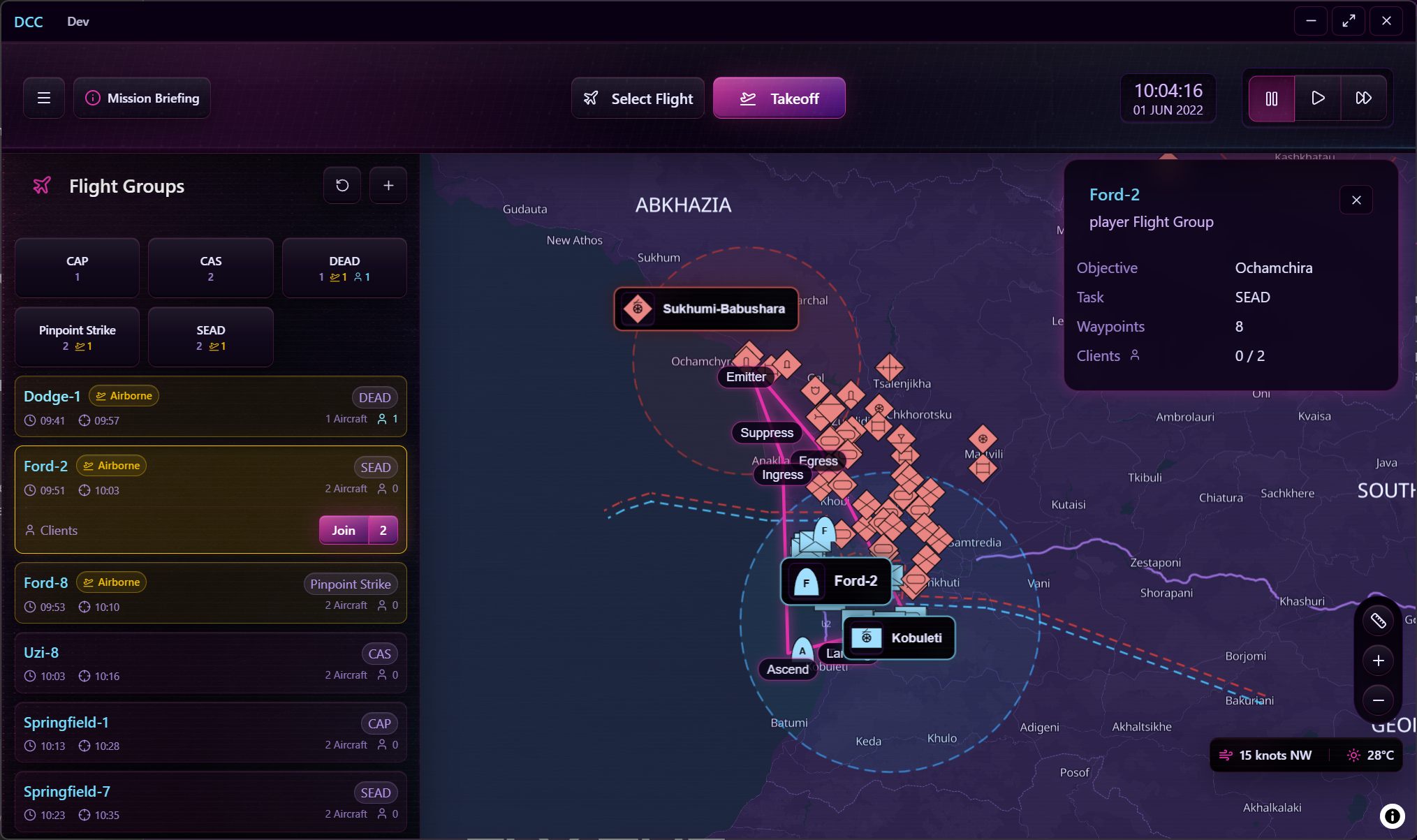Digital Crew Chief campaign map showing flight groups, package controls, and mission details.